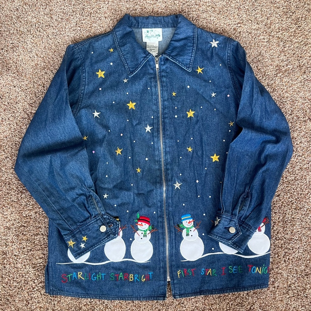 Vintage 90s Christmas Snowmen‎ Denim Zip Up Jacket